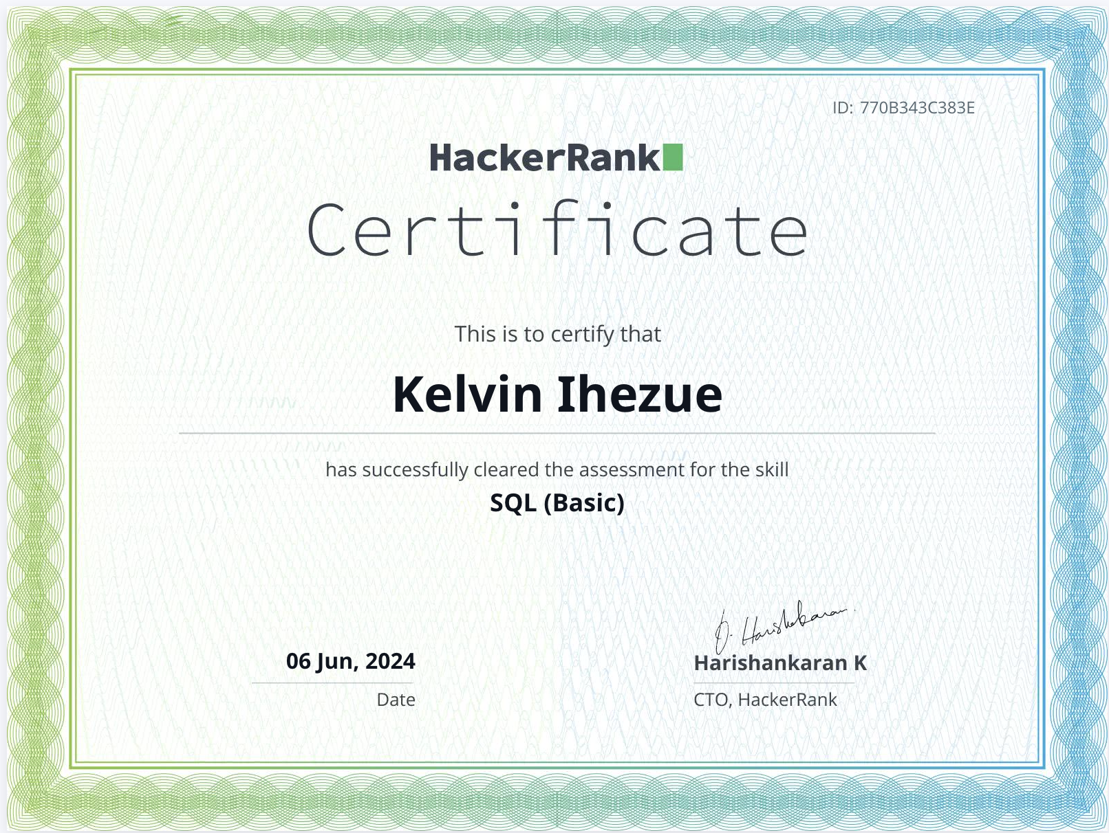 A picture of my SQL Basic certificate